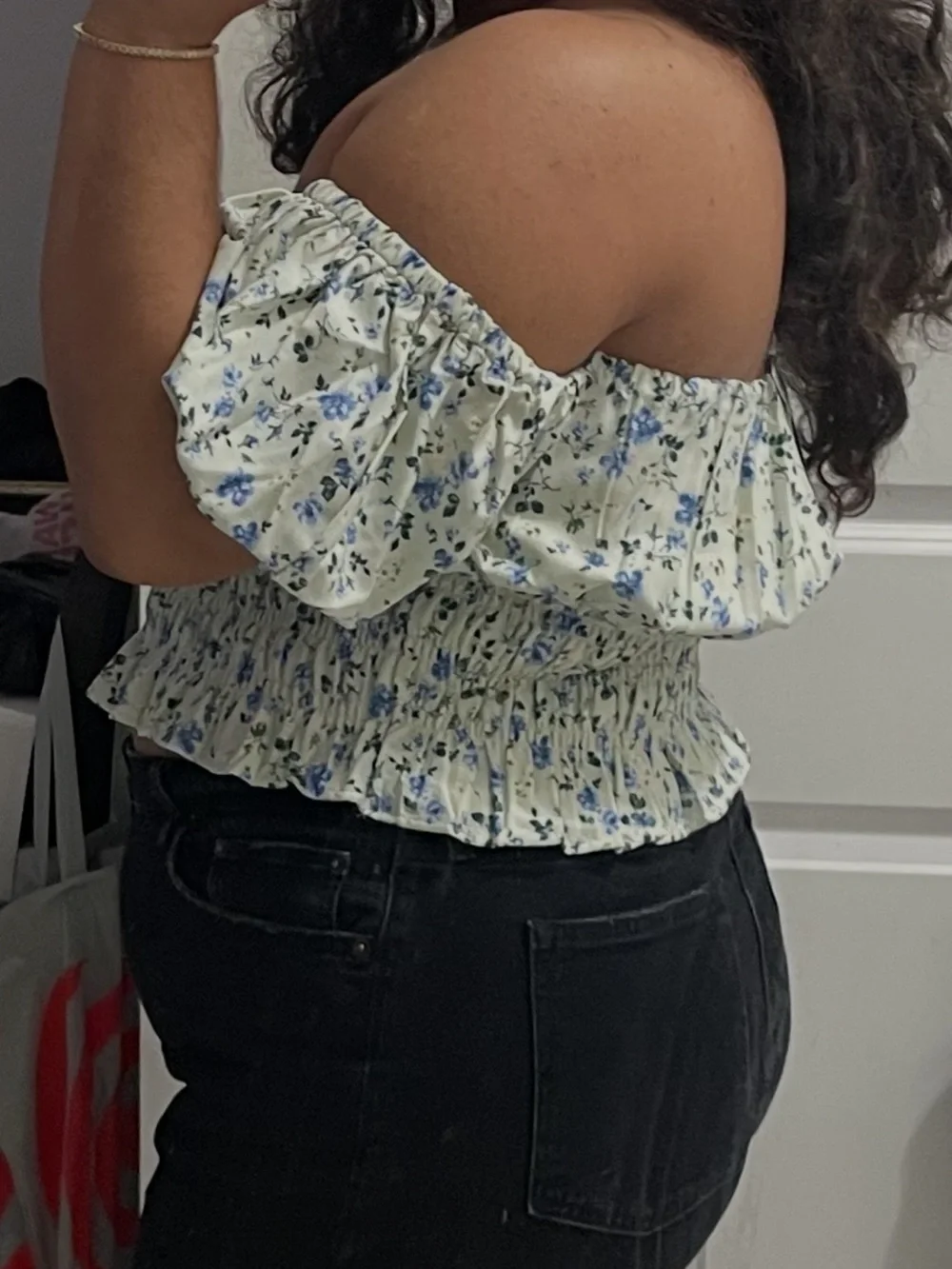 Smocked Off-Shoulder Blouse in Sage with Blue Floral